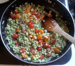 Lima beans, the bane of my childhood existence, getting some action with my fresh corn and tomatoes. 