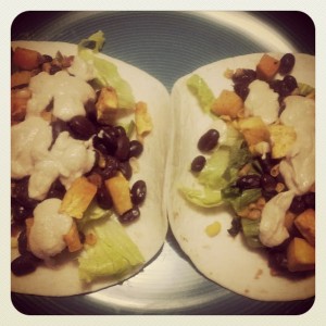 Butternut Squash and Black Bean Tacos with Chipotle Cashew Cream Sauce