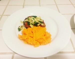 Grilled pork chops with poblano salsa and sweet potato mash. 'Sup. 