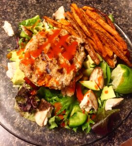 Homemade Turkey Burger on a bed of mixed greens and advocado. Mmmm. 